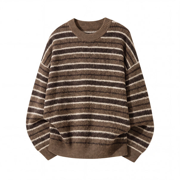 Unisex Striped Oversized Ribbed Knit Sweater with Round Neck Mune Fashion
