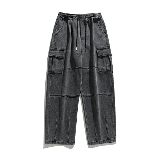 Unisex Wide Cargo Jeans with Elastic Waist, Drawstring and Utility Pockets Mune Fashion