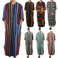 Men's ankle-length striped linen blend kaftan with stand-up collar and patch waist pockets Mune Fashion