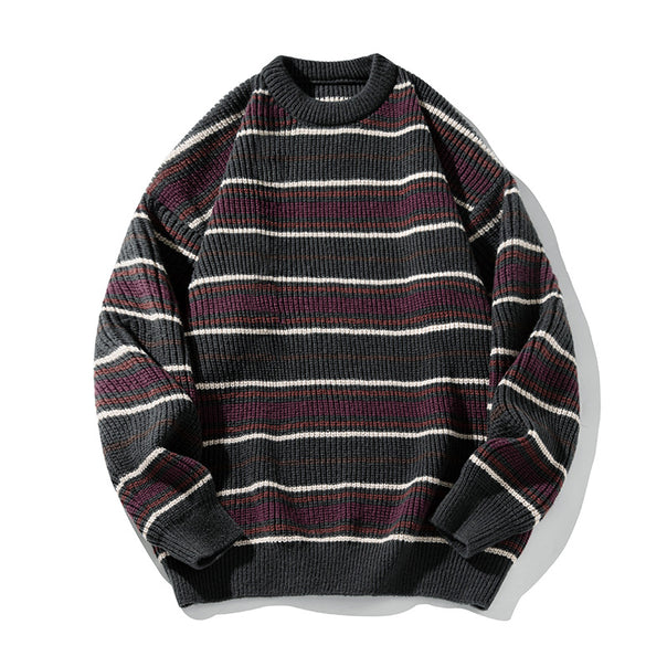 Unisex chunky knit sweater in stripe pattern with ribbed structure, round neck and drop shoulder Mune Fashion