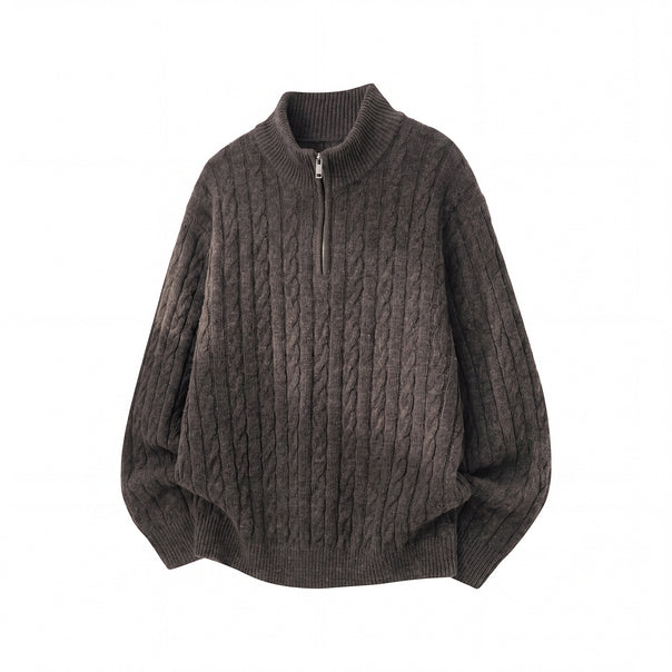 Unisex Casual Cable Knit Half Zip Sweater with High Ribbed Collar and Oversized Fit Mune Fashion