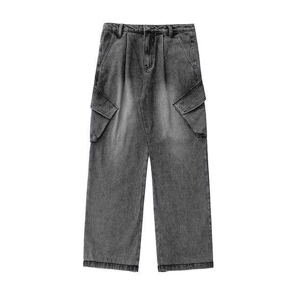 Unisex High-waisted Relaxed Denim Cargo Pants with Wide Palazzo Cut and Asymmetrical Flap Pockets Mune Fashion
