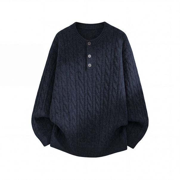 Unisex Oversize Cable Knit Sweater with Henley Button Placket Mune Fashion