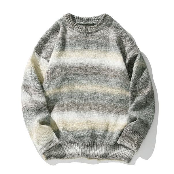 Unisex Oversize Mohair-Mix Round Neck Sweater with Gradient Stripes and Ribbed Hem Mune Fashion