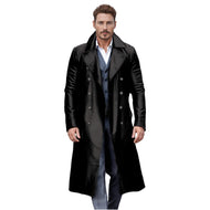 Men's Long Shiny Faux Leather Trench Coat with Double Breasted and Distinctive Lapel Mune Fashion