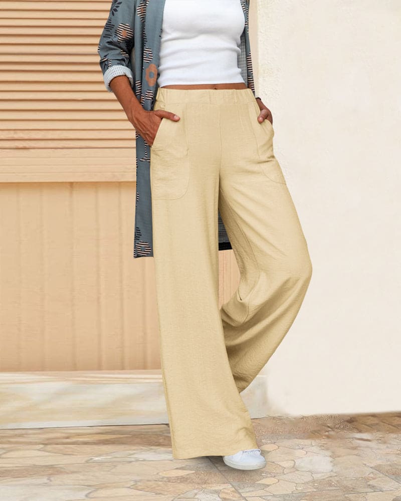 soft casual wide pants with elastic waistband and pockets