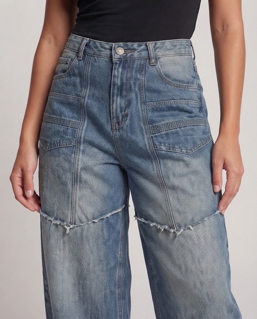Women Extra Wide Patchwork Denim Palazzo Pants with Drop Crotch and Distinctive Seam Panels Mune Fashion