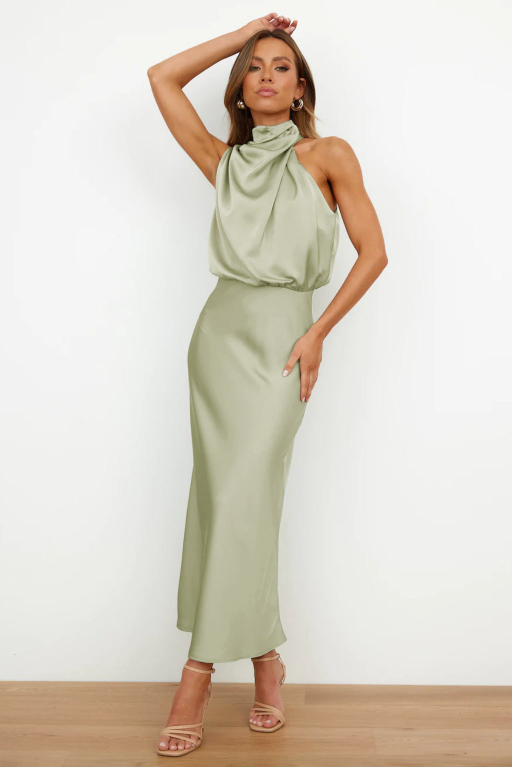 Long satin dress with halter neck