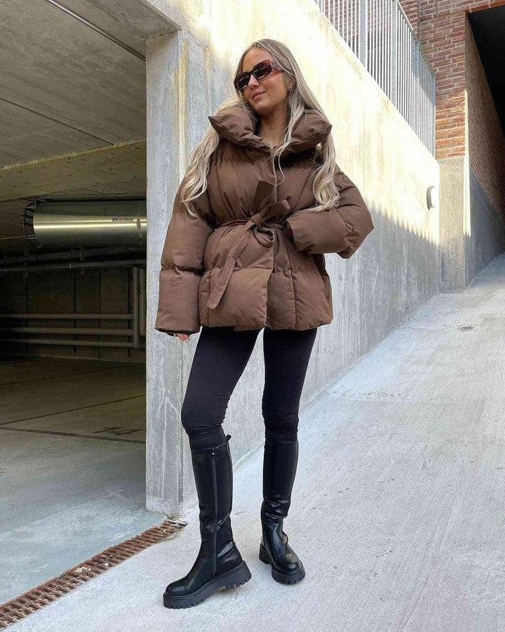 Mune | Jacket with Belt for Women Warm Brown Jacket with Oversized Collar