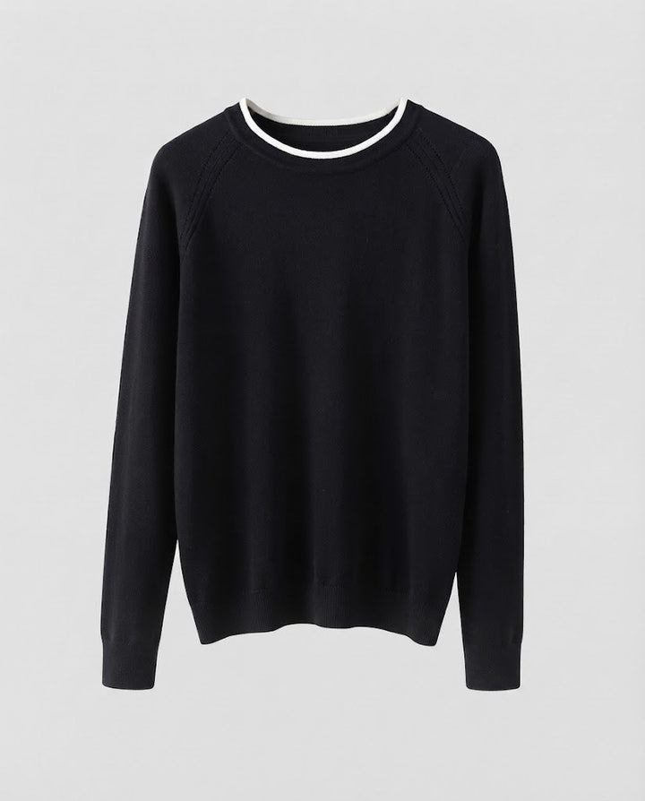 Women Fine Round Neck Sweater with Contrasting Edge Trim and Slim Silhouette Mune Fashion