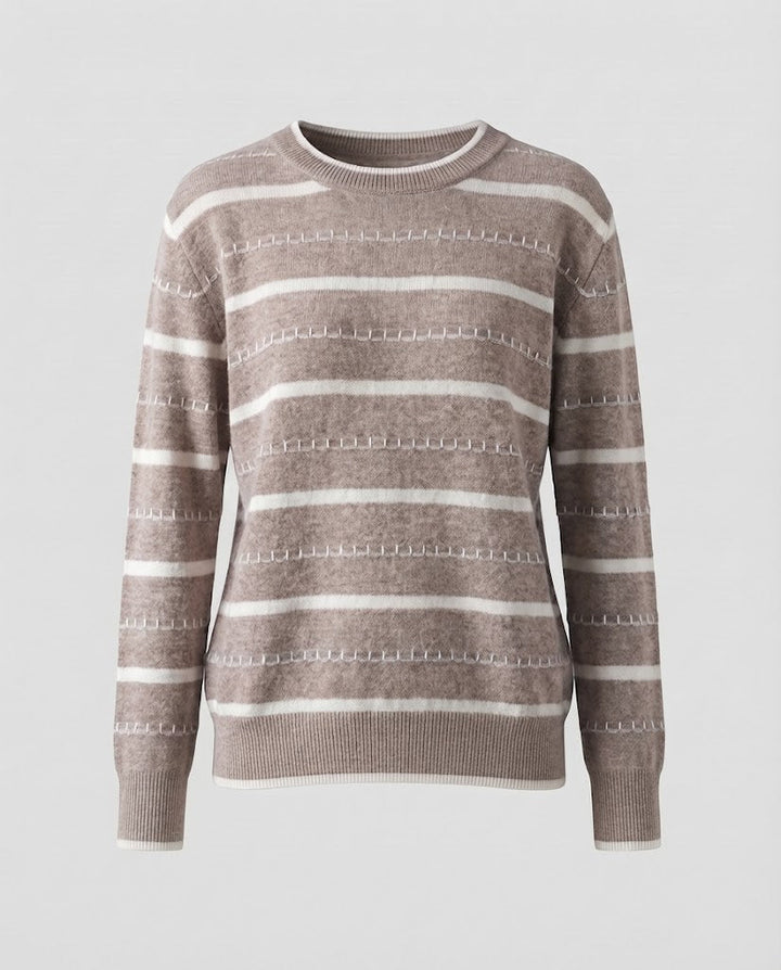 Women's Striped Fine Knit Sweater with Decorative Stitch and Round Neckline Mune Fashion
