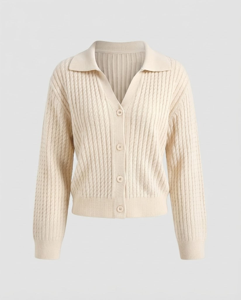 Ladies Cropped Cable Knit Cardigan with Shirt Collar and Balloon Sleeves Mune Fashion