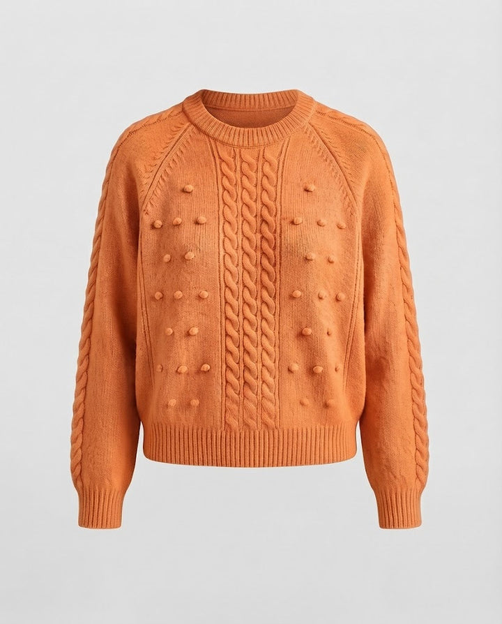 Women's Chunky Knit Sweater with Cable Pattern and Pompom Structure Mune Fashion