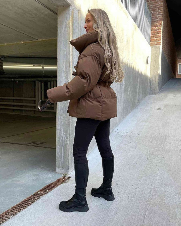 Mune | Jacket with Belt for Women Warm Brown Jacket with Oversized Collar
