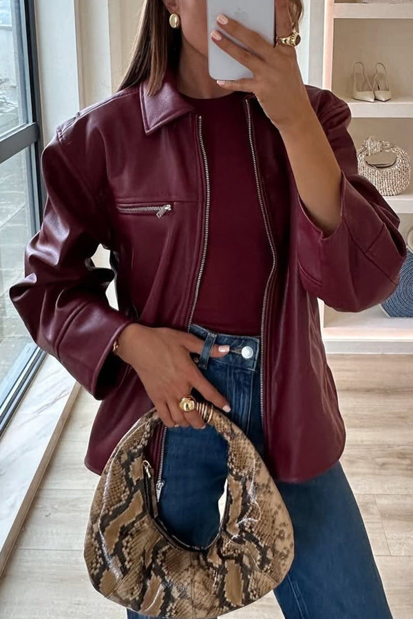 Mune | Revers Long Sleeve Pocket Zipper Leather Jacket