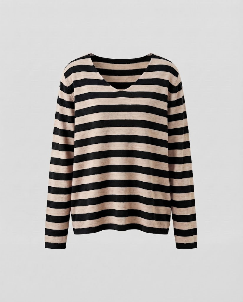 Women's Striped Fine Knit Sweater with V-Neck and Casual Oversized Fit Mune Fashion