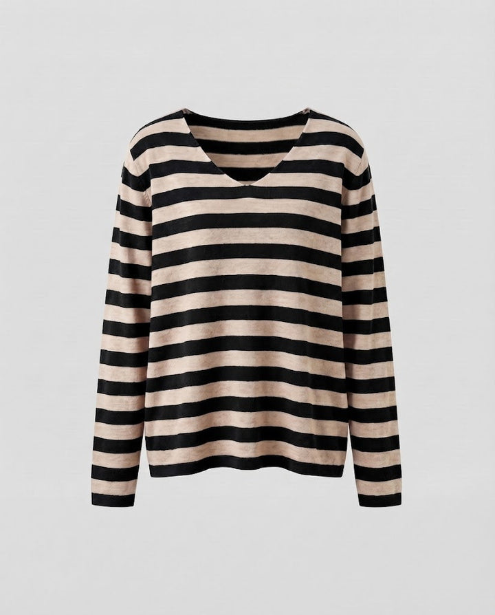 Women's Striped Fine Knit Sweater with V-Neck and Casual Oversized Fit Mune Fashion