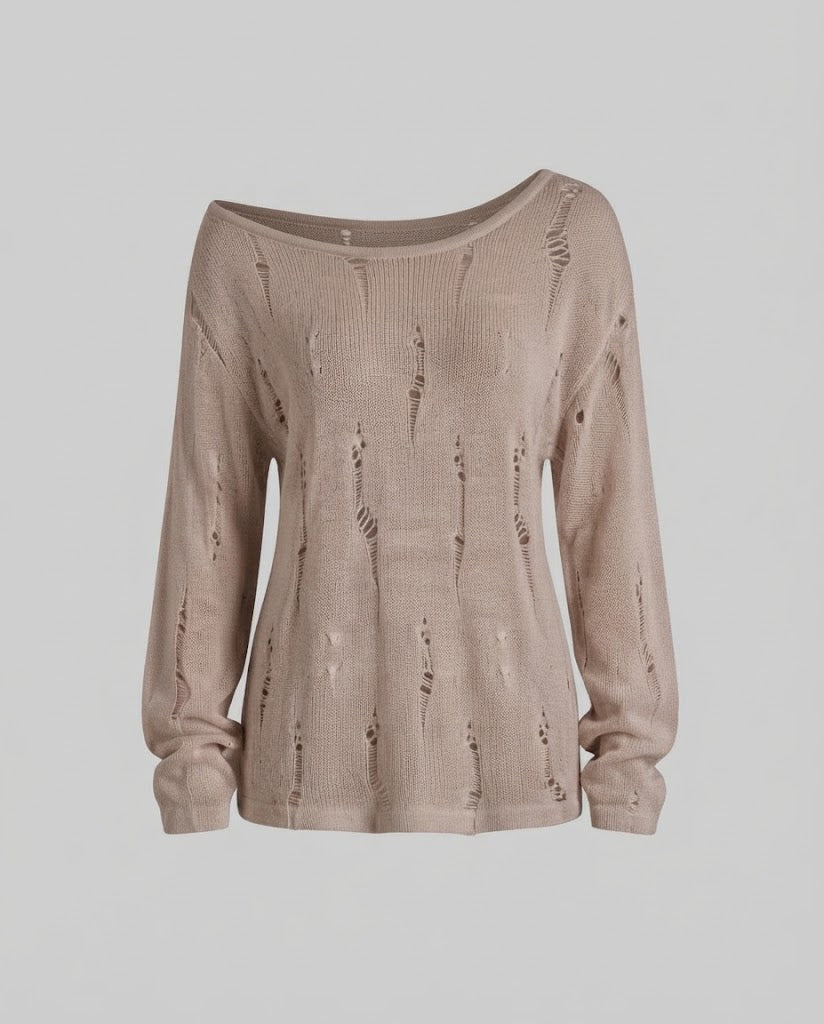 Women's Casual Off-Shoulder Fine Knit Sweater with Destroyed Look and Wide Silhouette Mune Fashion