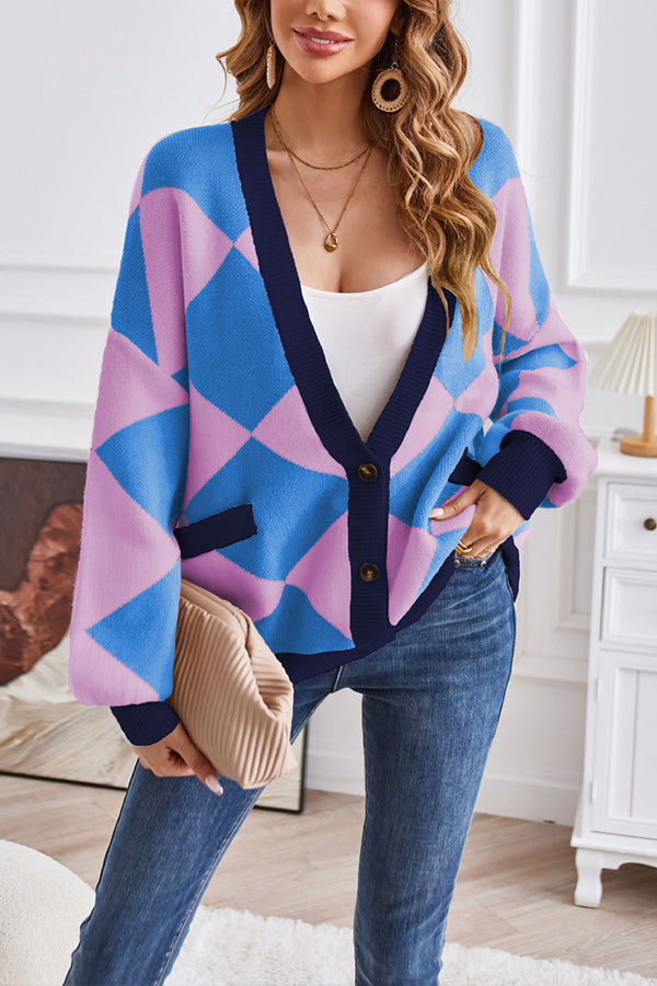 Mune | Neck Geometric Patchwork Contrasting Knit Cardigan Casual Loose Jacket