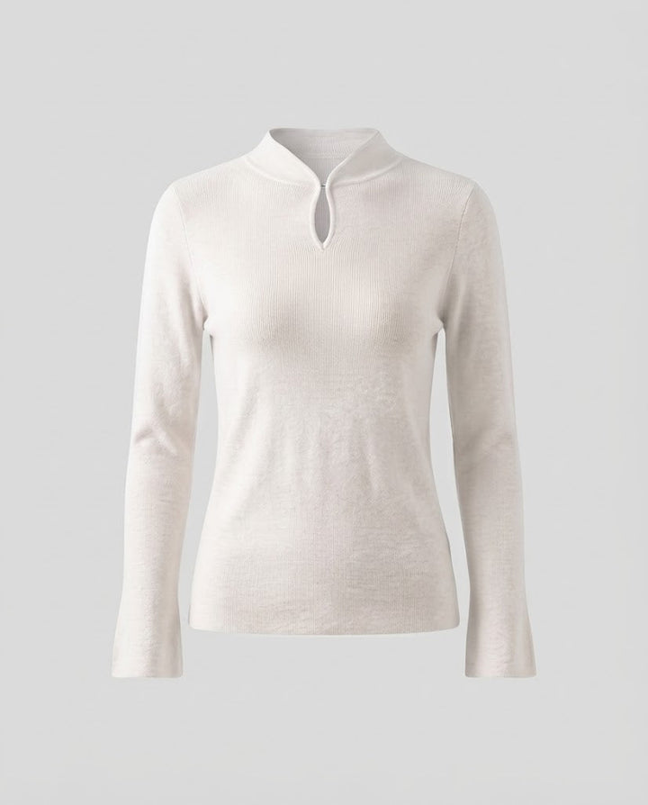 Ladies fine knit long sleeve with short stand-up collar slit button and flared sleeve hem Mune Fashion