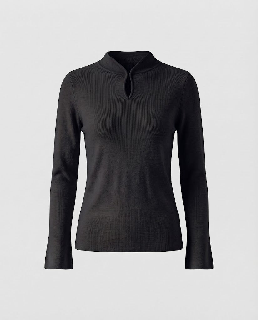 Ladies fine knit long sleeve with short stand-up collar slit button and flared sleeve hem Mune Fashion