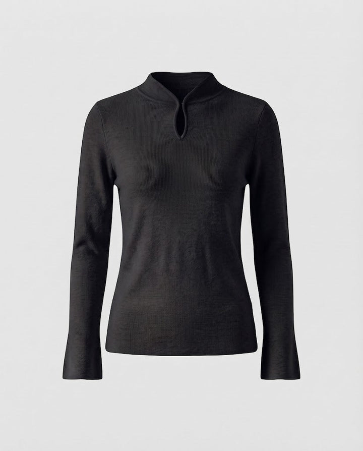 Ladies fine knit long sleeve with short stand-up collar slit button and flared sleeve hem Mune Fashion
