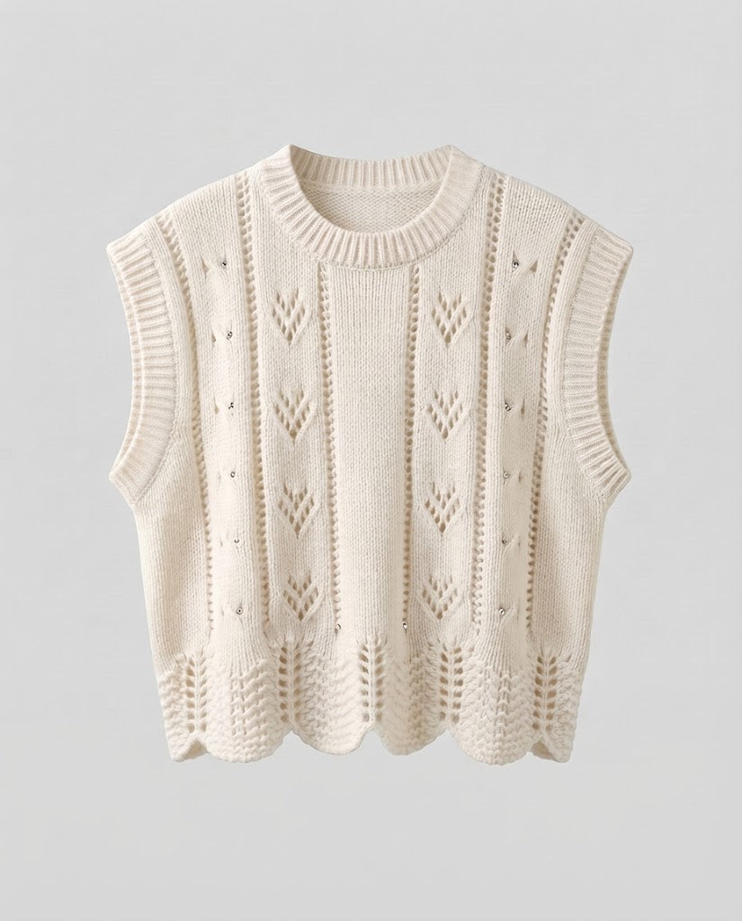 Ladies Knitted Lace Sleeveless Vest with Shell Hem Mune Fashion