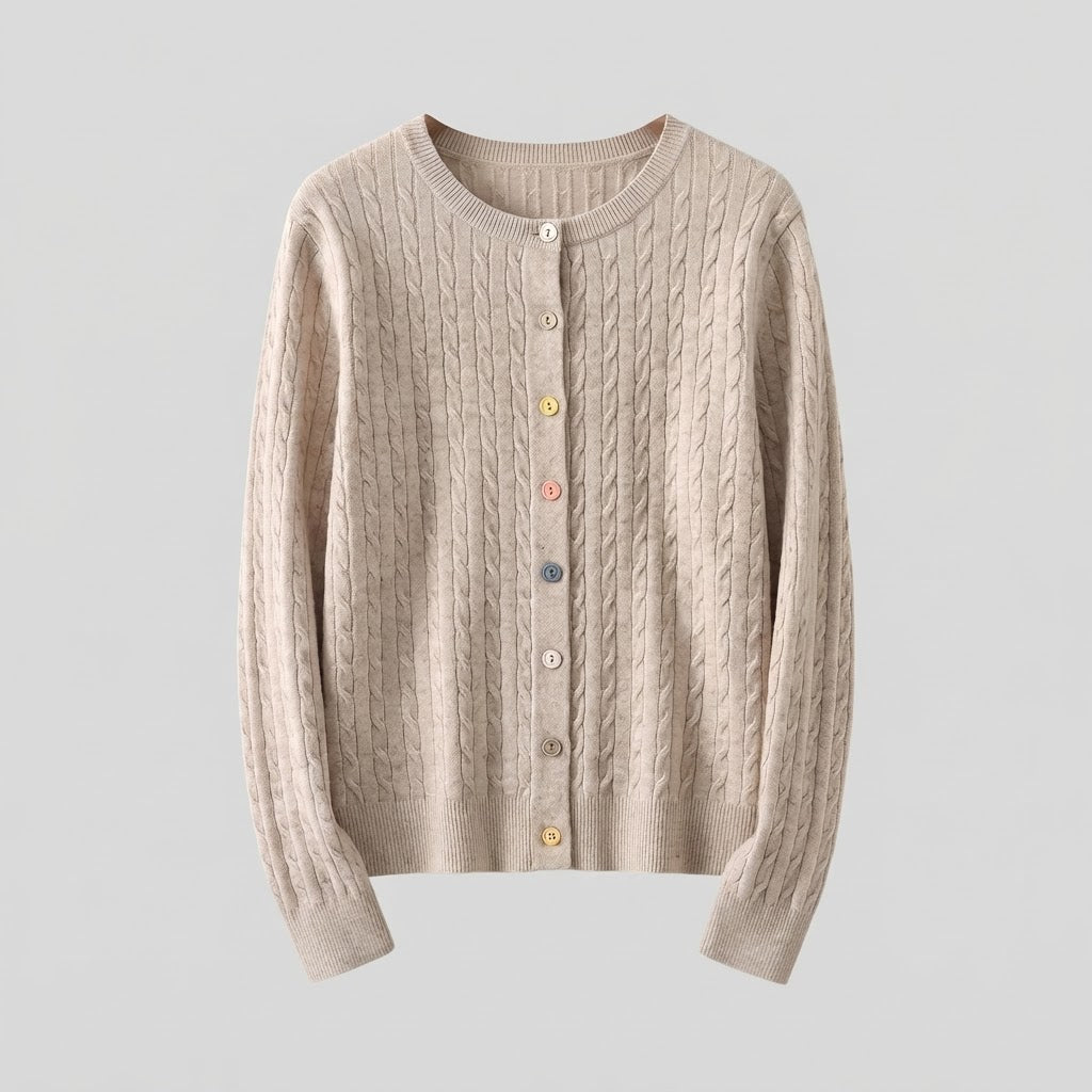 Women's fine knit cardigan with cable pattern and colorful buttons Mune Fashion