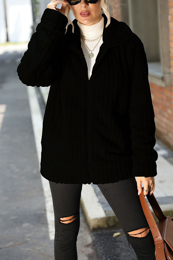 Mune | Collar Zipper Long Sleeve Solid Mid-Length Reversible Plush Jacket