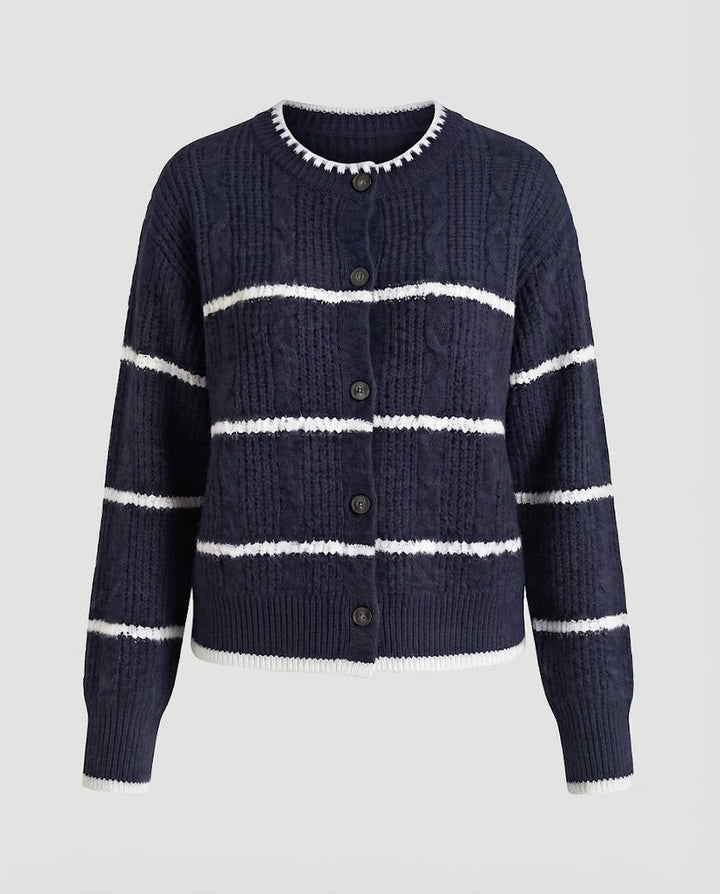 Women Chunky Knit Button Cardigan with Striped Texture and Round Neck Mune Fashion