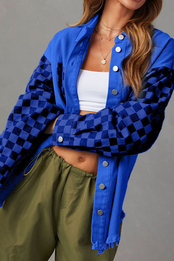Mune | Loose Casual Checked Contrasting Raw Edge Denim Jacket