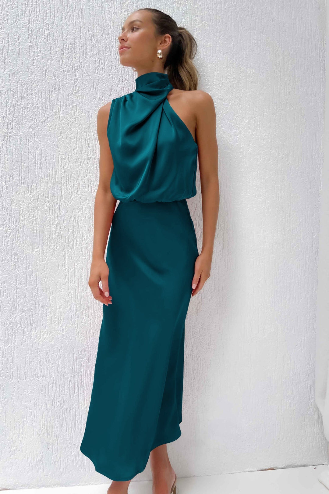 Long satin dress with halter neck