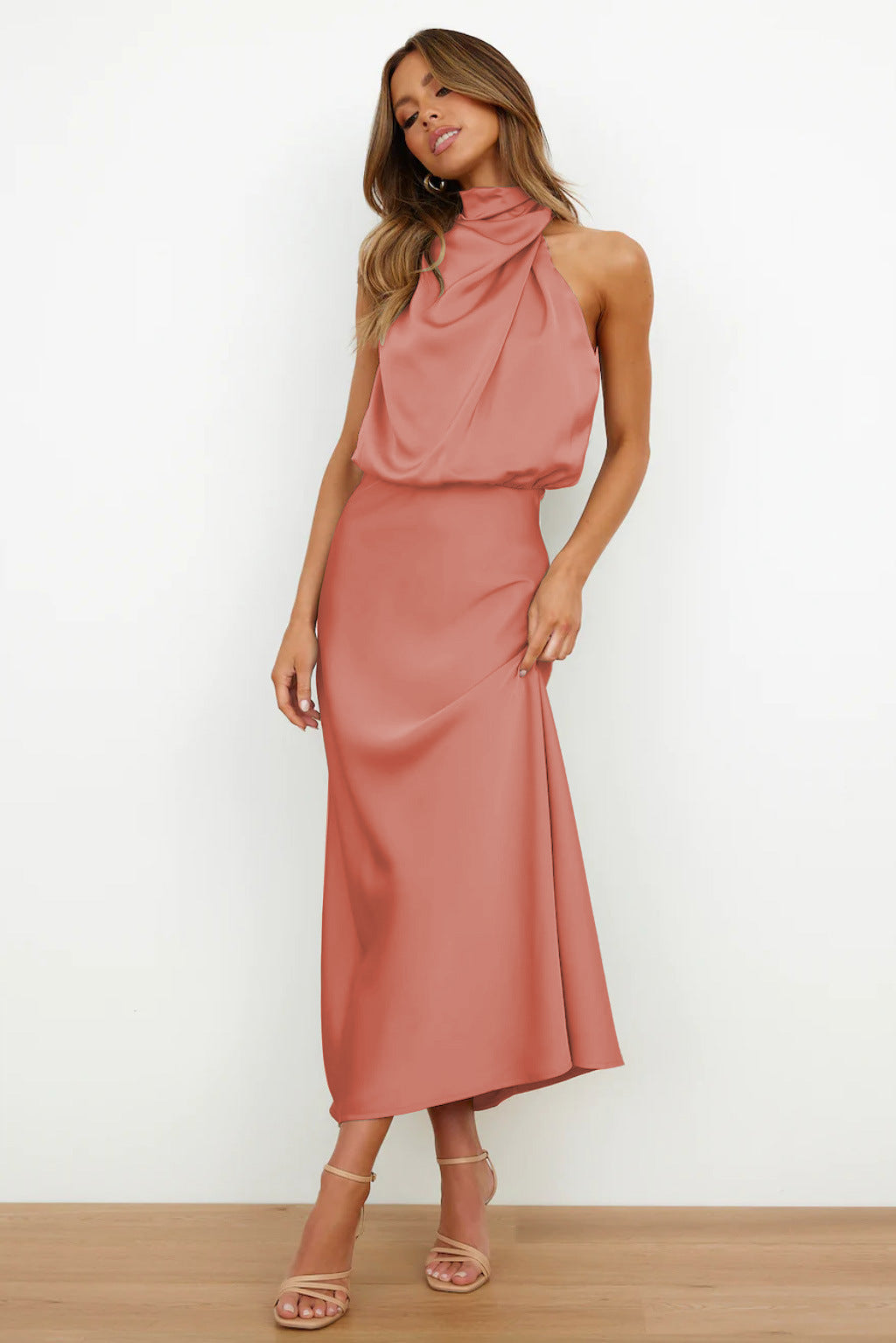 Long satin dress with halter neck
