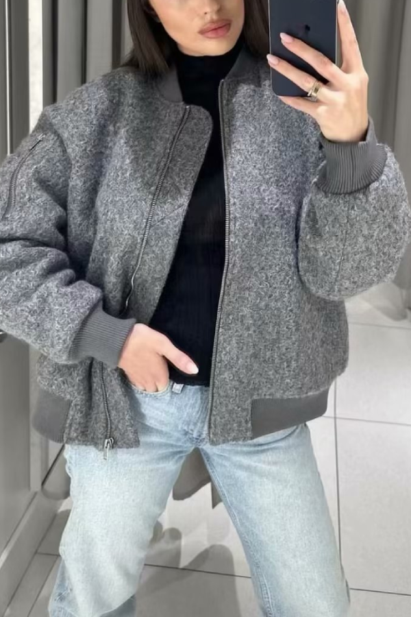 Mune | Collarless Long Sleeve Ribbed Flight Jacket