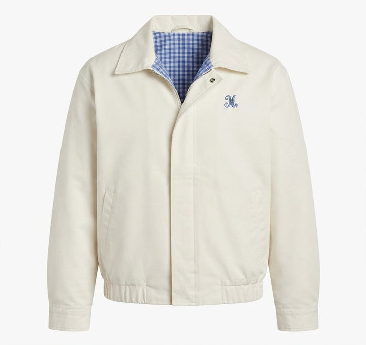Women's lightweight windproof blouson jacket with checked lining, elastic hem, and subtle logo embroidery
