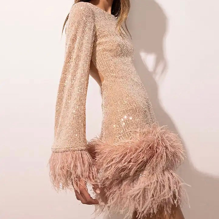 Mune | Glamour Dress With Sequins And Feathers