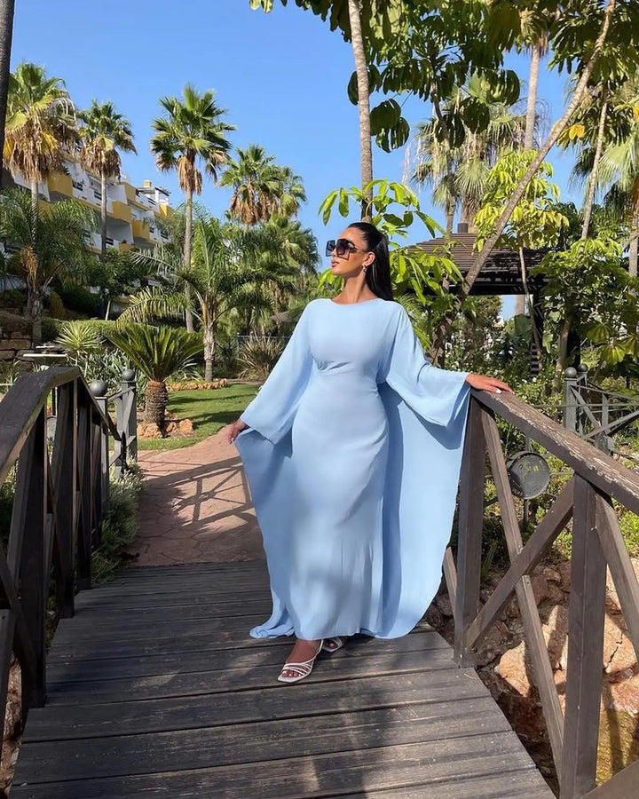 Mune | Elegant Maxi Dress with Round Neckline & Wide Sleeves – Women's Evening Dress with High Waist Long Dress for Festive Occasions
