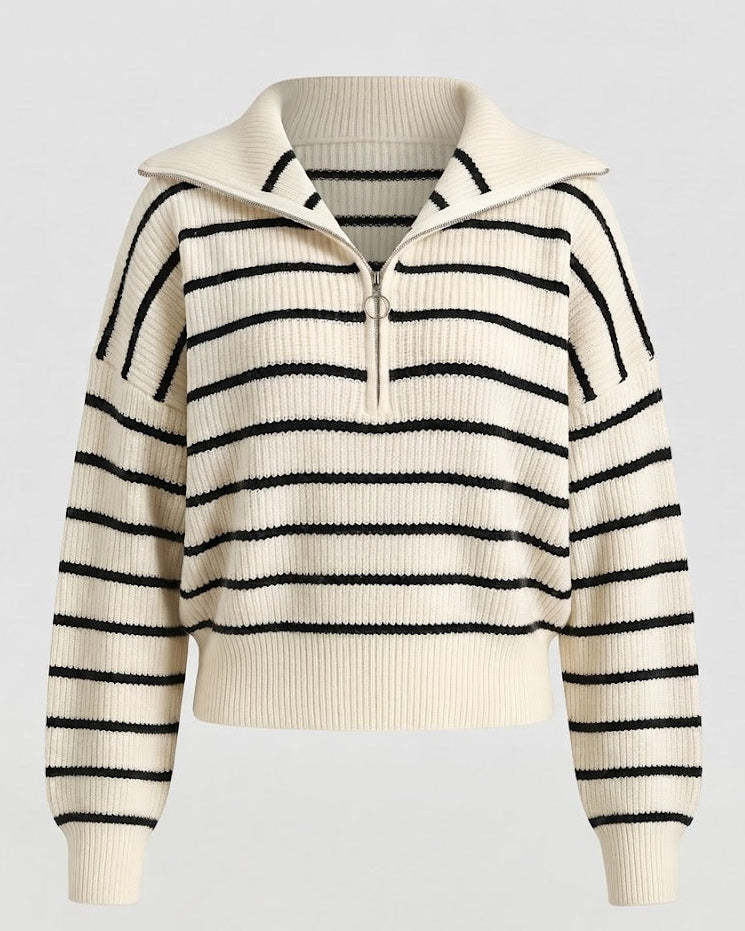 Women's Striped Knit Sweater with Half-Zip and Wide Collar Mune Fashion