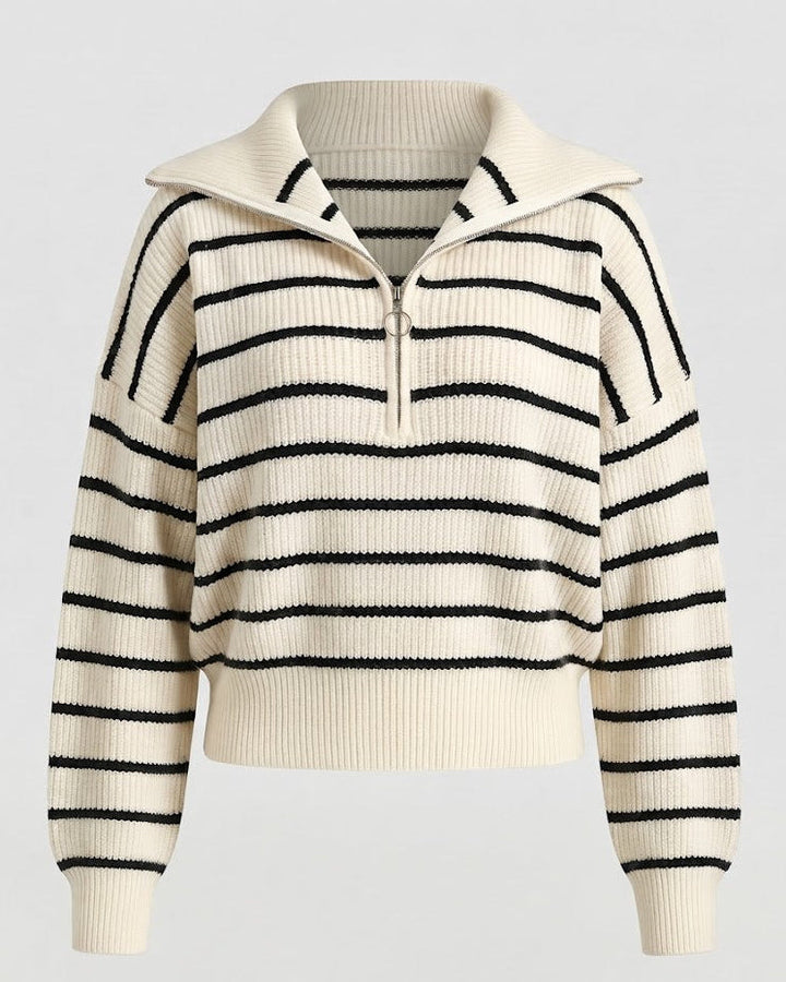 Women's Striped Knit Sweater with Half-Zip and Wide Collar Mune Fashion