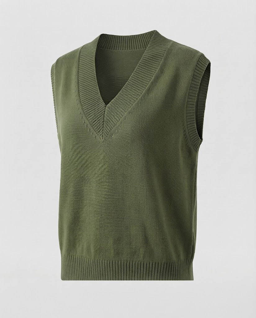 Ladies' Sleeveless Fine Knitted Vest with Deep V-Neck and Ribbed Hem Mune Fashion