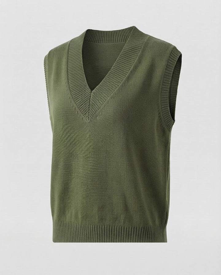 Ladies' Sleeveless Fine Knitted Vest with Deep V-Neck and Ribbed Hem Mune Fashion