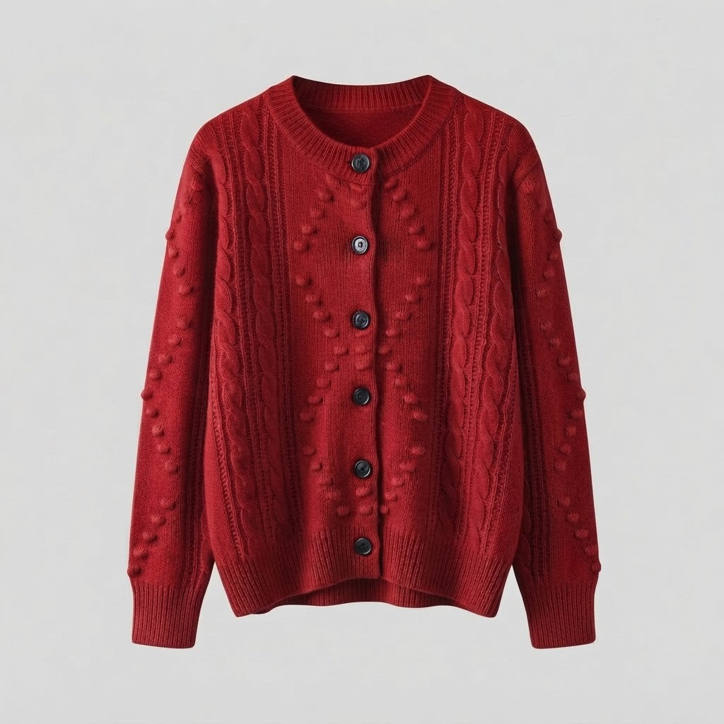 Women’s fine knit cardigan with cable pattern, bobble lace and round neckline Mune Fashion