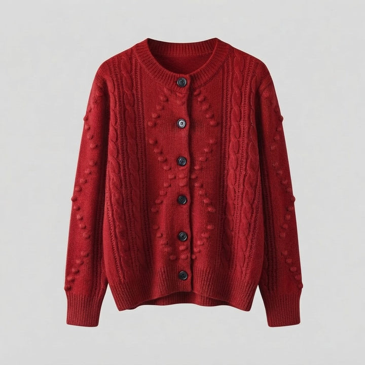 Women’s fine knit cardigan with cable pattern, bobble lace and round neckline Mune Fashion