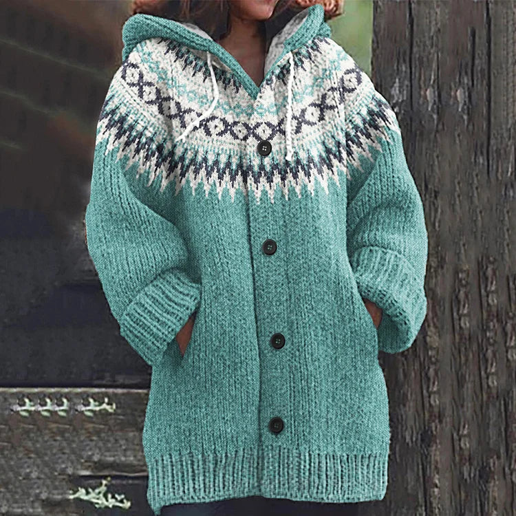 Women Fair Isle Hooded Knit Cardigan