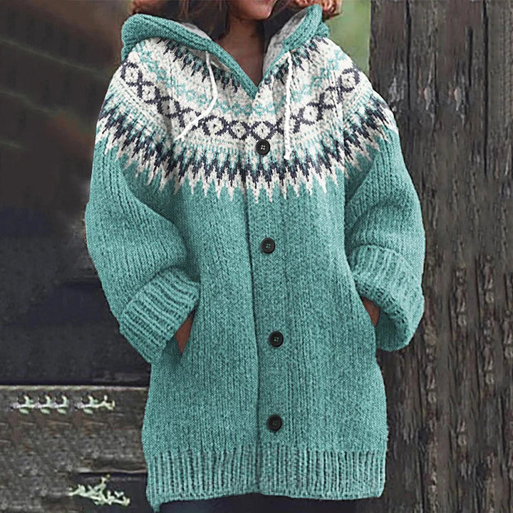 Women Fair Isle Hooded Knit Cardigan