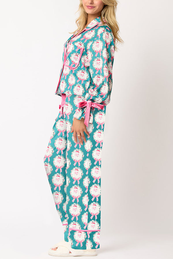 Mune | Christmas Printed Velour Lacing Long Sleeve Pocket Top and Elastic Waist Pants Set