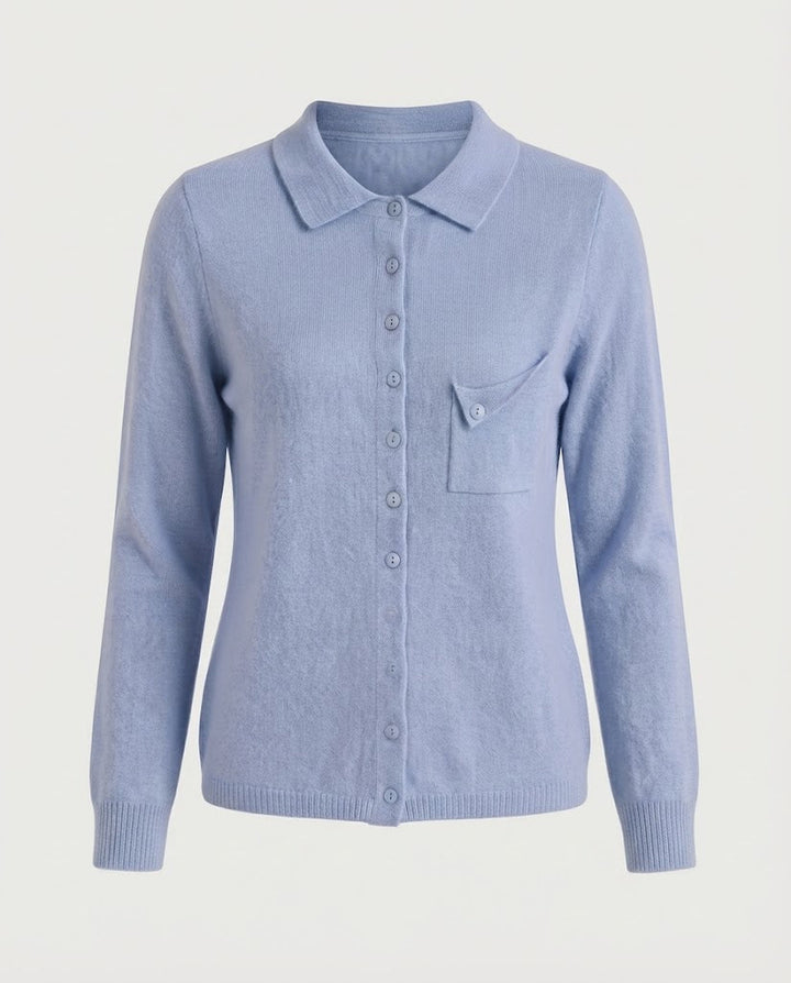 Women's fine-knit cardigan with polo collar, 3/4 sleeves and discreet chest pocket Mune Fashion