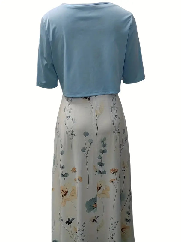 Mune Fashion - elegant two-piece floral dress set with plain crop top and dress with round neckline