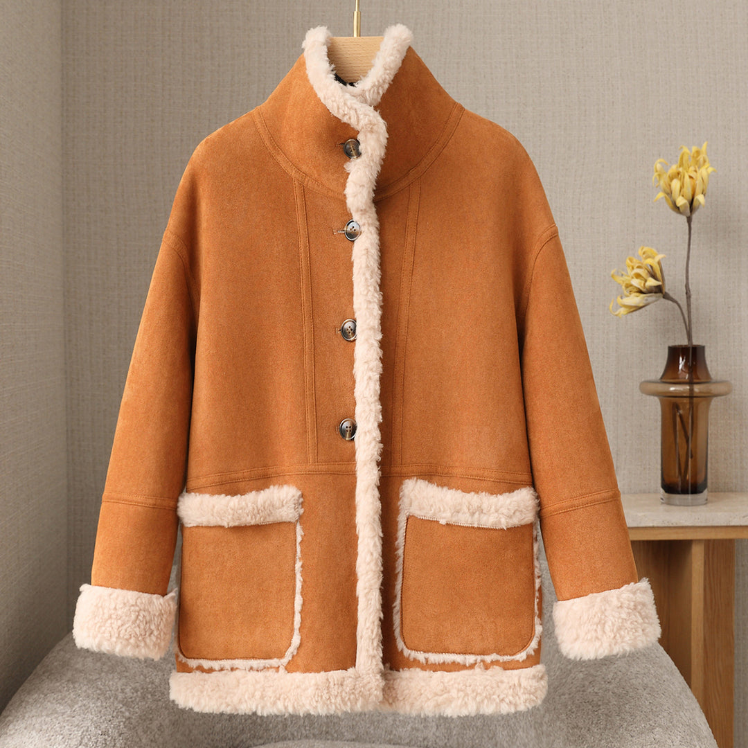 Women's wool coat with stand-up collar, winter
