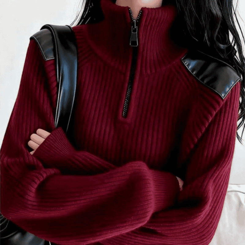 Women's knitted sweater with zipper and stand-up collar